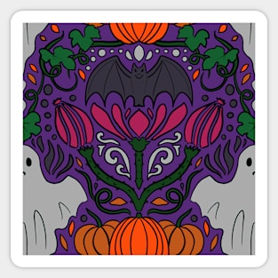 Purple Halloween Damask Print Spooky Ghosts, Bats, and Pumpkins Print Sticker